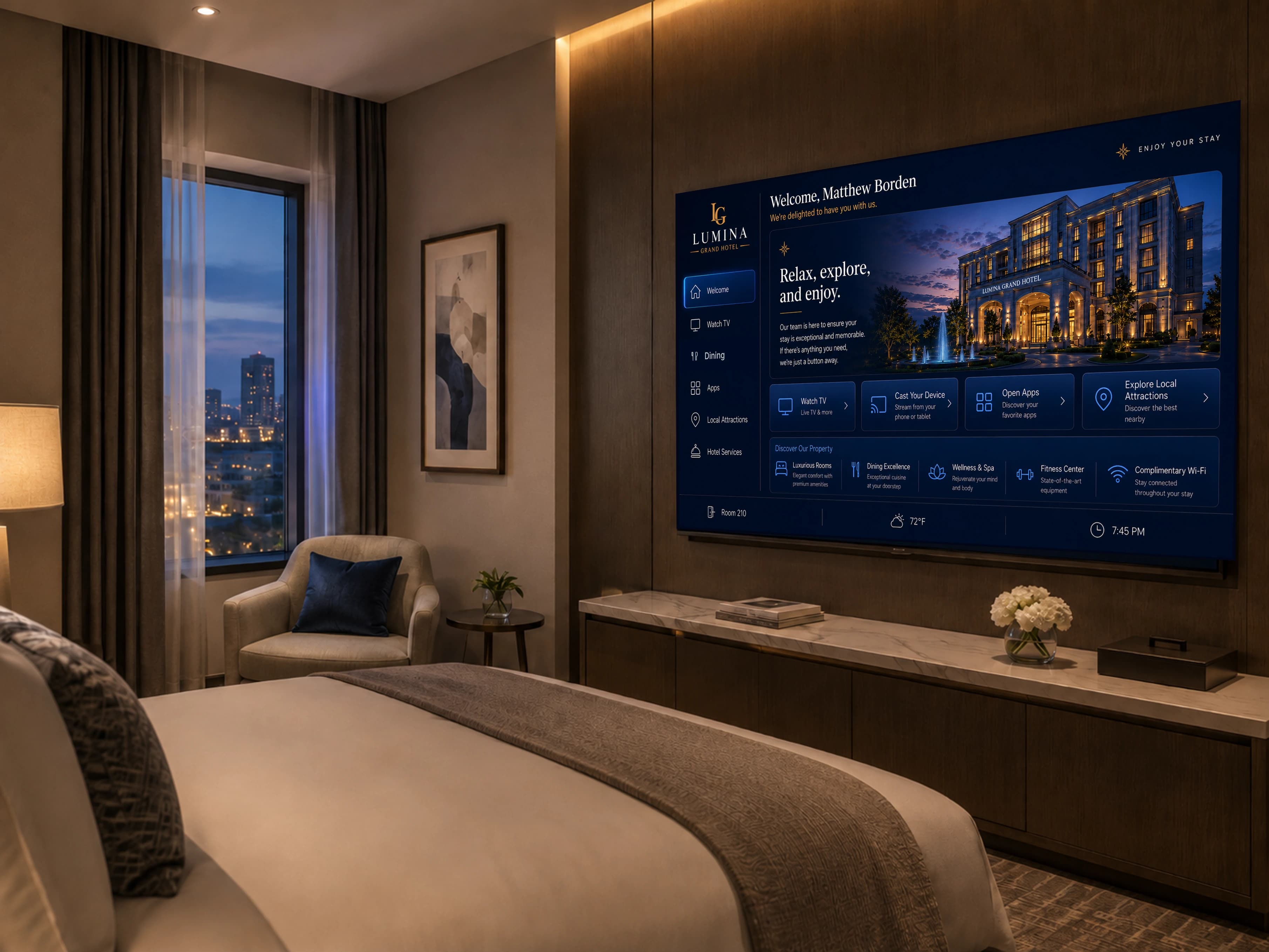EVOLVE M-Series guest entertainment welcome screen on an in-room television