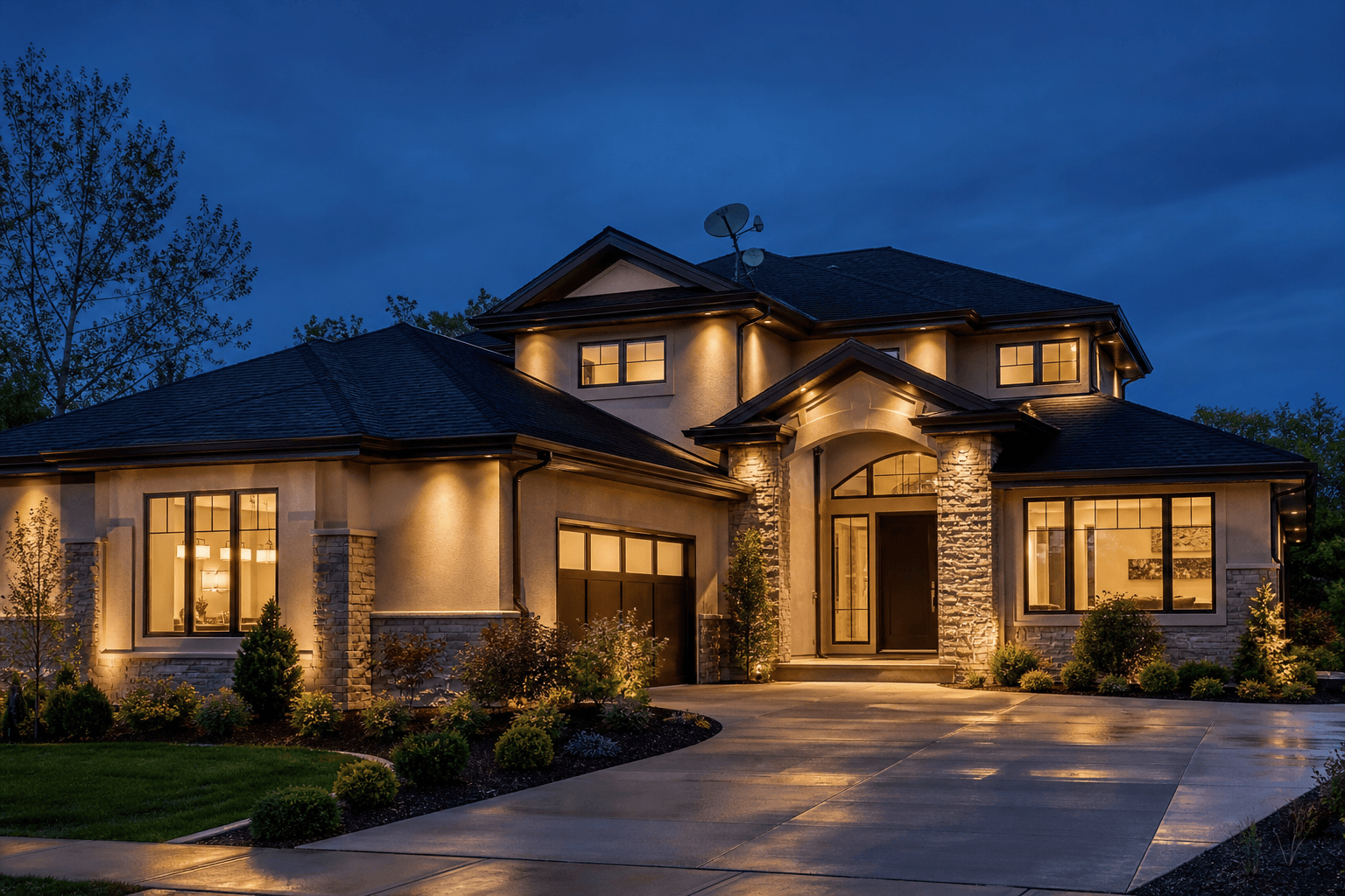 Premium modern home at twilight representing residential TV, internet, phone, and security technology