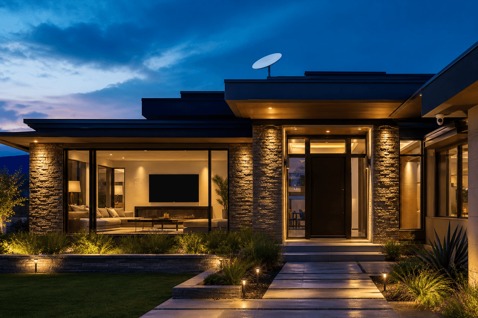 Premium modern home at dusk with Starlink on the roof, a living room TV visible through the window, a front security camera, and warm interior lighting