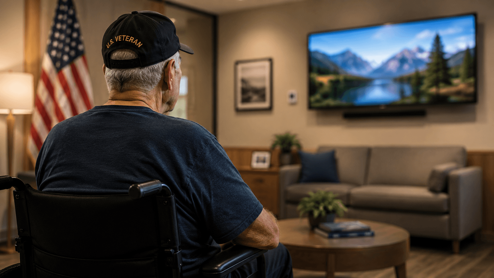Veteran watching television in a comfortable veteran-focused support facility