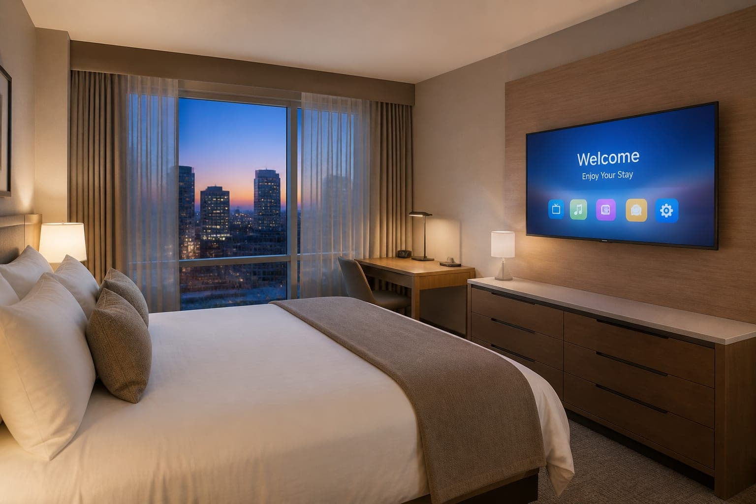 Modern hotel guest room with a large wall-mounted television displaying a hospitality welcome screen, city view through the window at dusk
