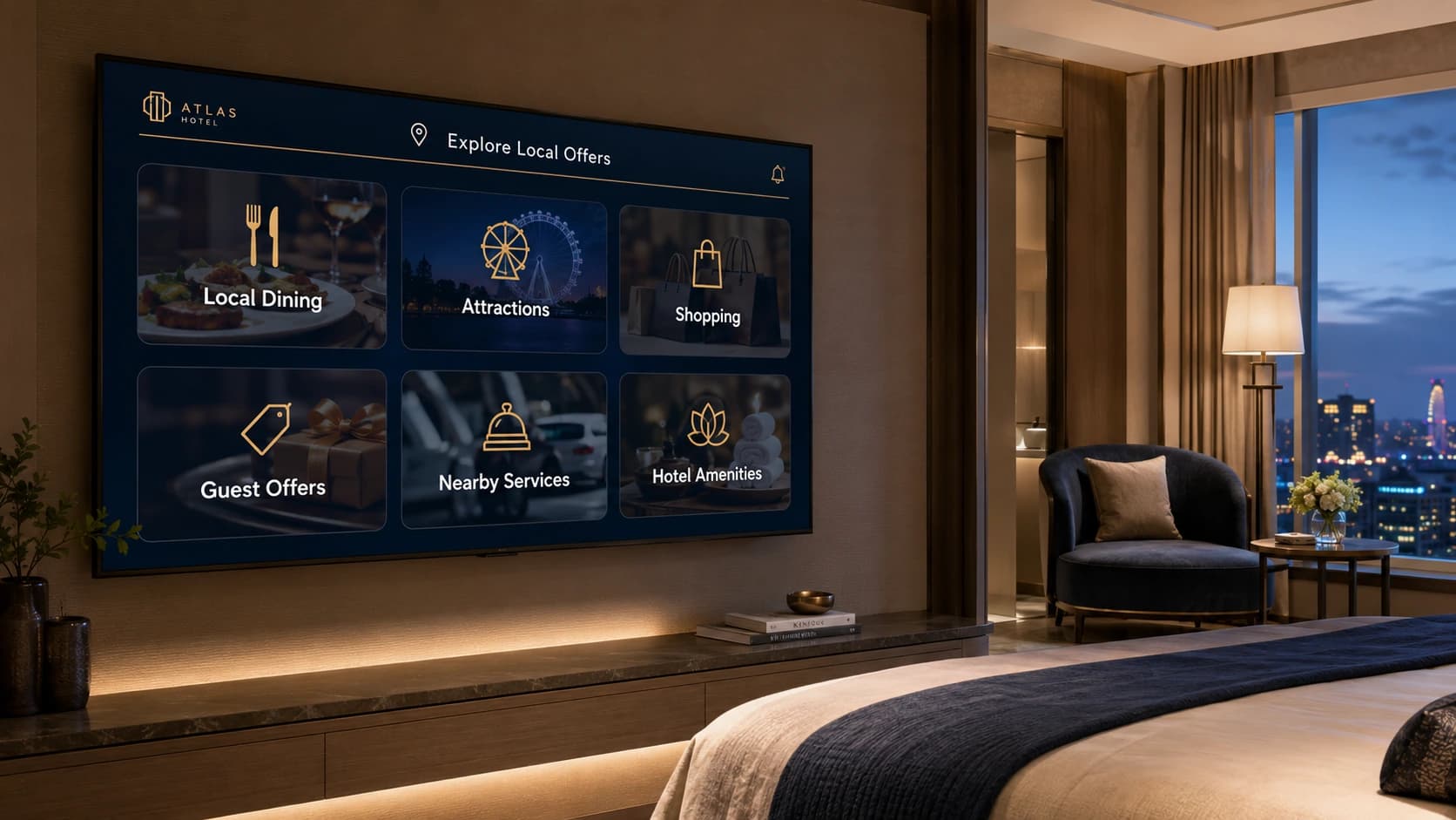 Hotel guestroom television experience showing local dining, attractions, shopping, guest offers, and property amenities available through Smartbox Pros marketing programs.